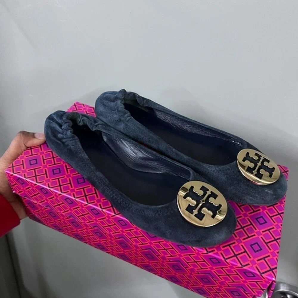 Tory Burch Navy Blue Suede Ballet Flats Gold Logo Size 8M